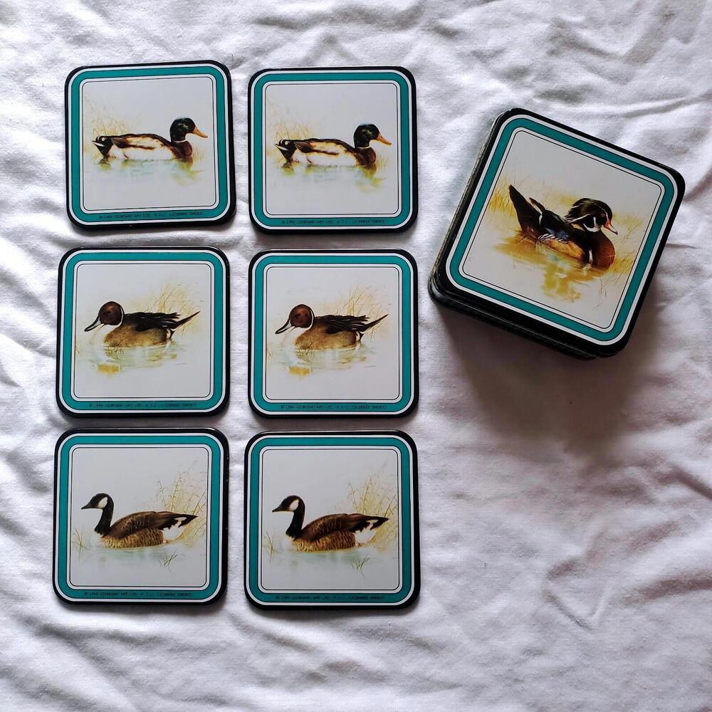 Enesco Coasters Vtg Set of 6 wildlife Mallard Ducks Metal Container Cork Bottom.